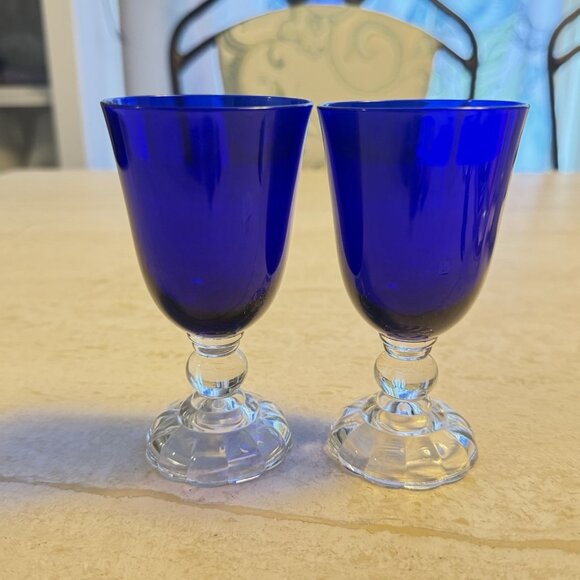 Vintage 1930s Fostoria Victorian American Lady Cobalt Blue 2 Oz Glasses Set Of 2 - Picture 2 of 6